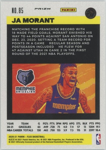 2020-21 Panini Flux Ja Morant Pulsar Prizm Memphis Grizzlies #85 - Picture 2 of 2