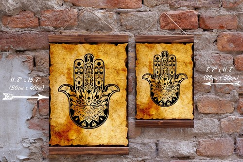 Hamsa Hand Charm Kabbalah Talisman Wood Framed Canvas Art Print, Judaism Zohar - Picture 2 of 12