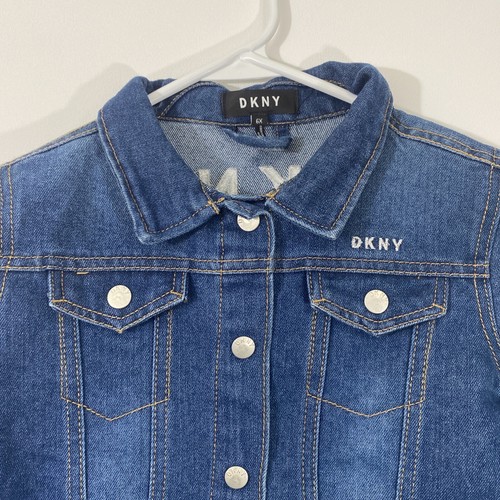 DKNY Girls Denim Jacket Size 6X Stretch Snap Closure Spell Out Silver - Picture 2 of 18