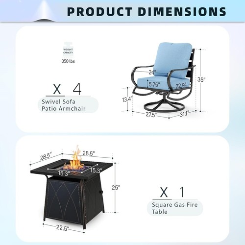 5 Pieces Patio Conversation Sets Outdoor Metal Furniture Sofas with Fire Table - Picture 2 of 9