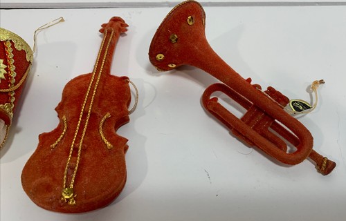 Lot 3 Star Band Flocked Ornaments Xmas Trumpet Violin Orange Red Vtg Instrument - Picture 3 of 12