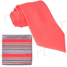 New Men's Poly Woven Neck Tie  Pocket Square Hankie Set coral Gray formal