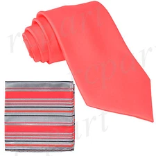 New Men's Poly Woven Neck Tie & Pocket Square Hankie Set coral Gray formal