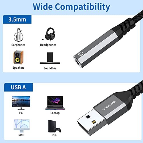 Usb To 3.5Mm Jack Audio Adapter, Usb To Aux Cable With Trrs 4-Pole Mic-Supported - Photo 2/6