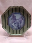 ART GLASS HAND PAINTED PLATE TABLE DECOR LILAC FLOWER & STRIPES OCTAGON SHAPE