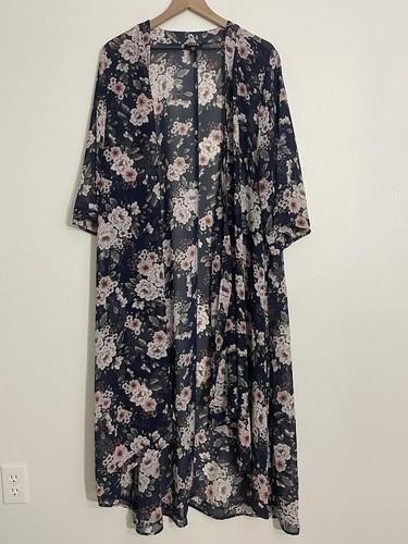 Torrid Kimono Cardigan Women’s 1/2 Navy Floral Open Front Long Duster Chiffon