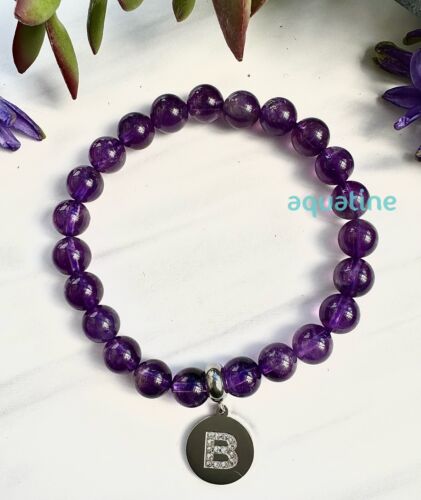 Amethyst Natural Crystal Bead Initial Stretch Bracelet CUSTOM SIZING - Picture 3 of 5