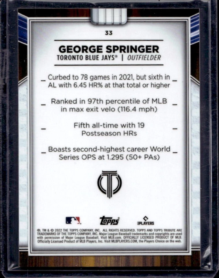 2022 Topps Tribute George Springer #33 Blue Jays - Image 2 of 2