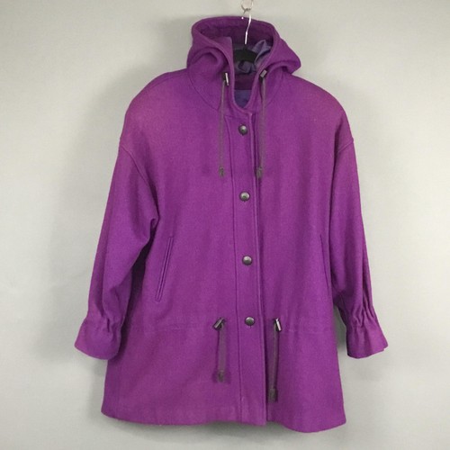 Hooded Wool Coat Womens Medium Purple Snap Front Drawstring Parka Made in USA - Picture 1 of 11