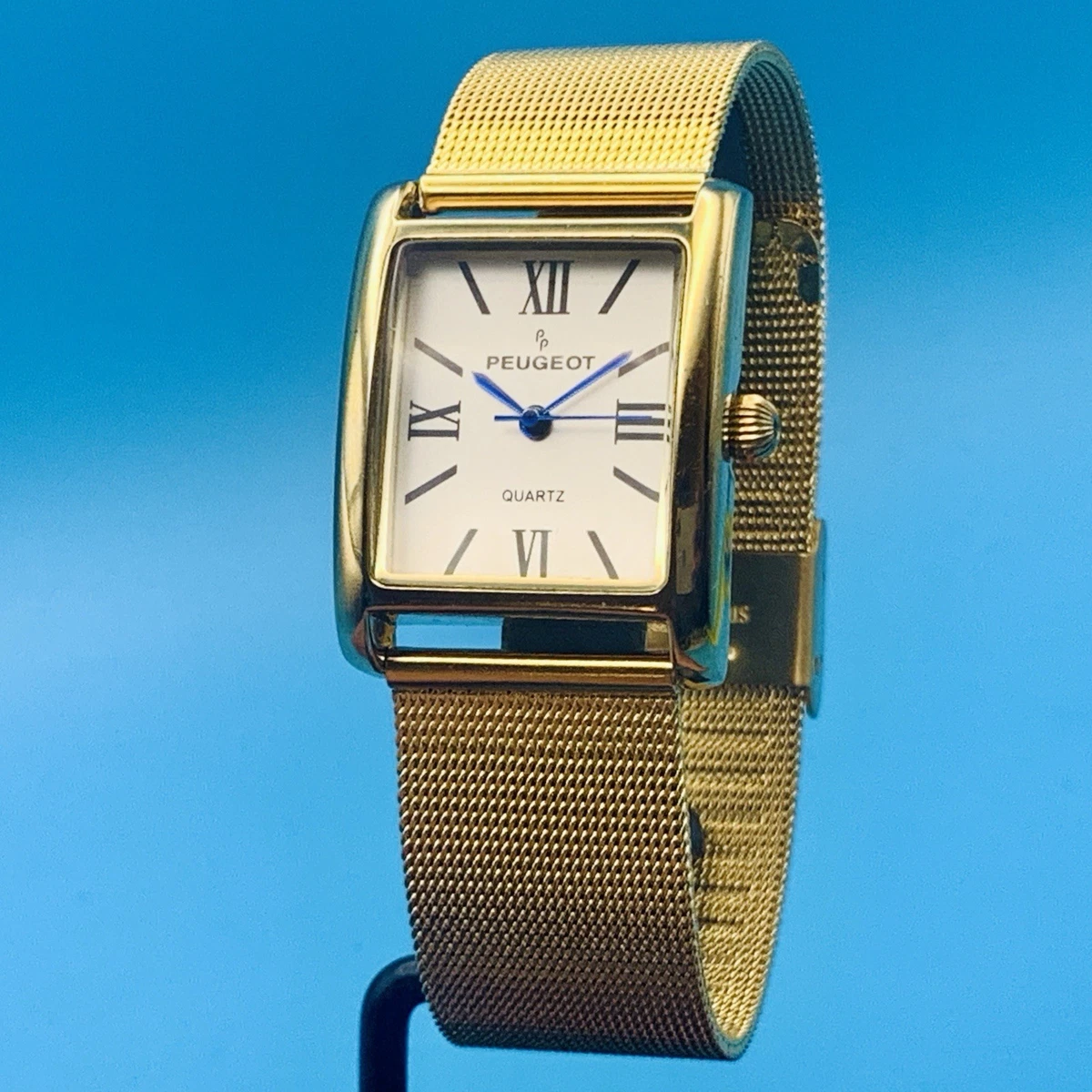 Vintage Peugeot Quartz Watch Rectangle Square Face Chunky Wrist Cuff Silver Gold Peugeot Men main image 2