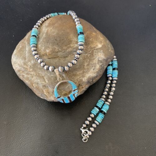 Collar de plata de ley con colgante de perlas navajo con incrustaciones de turquesa azul 12615 - Imagen 1 de 12