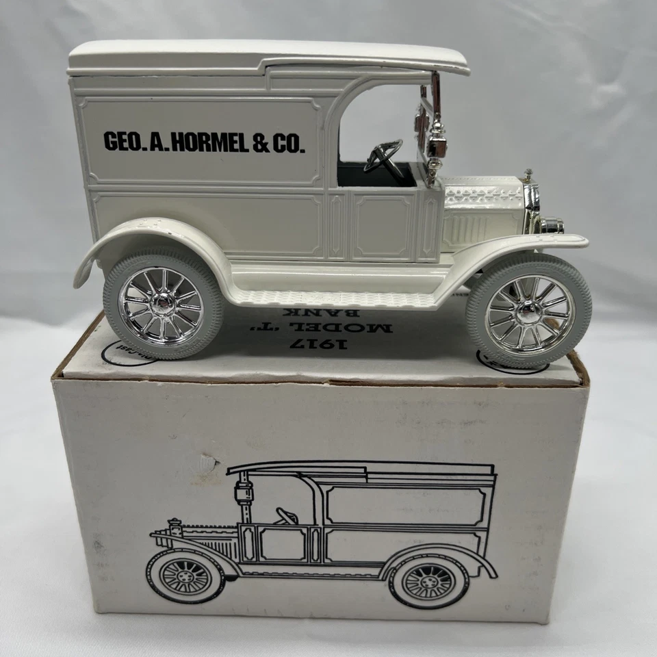 Ertl Diecast Bank 1917 Ford Modelo T Van GEO A Hormel & Co Camión Blanco Hecho en EE. UU. Foto 2 de 4