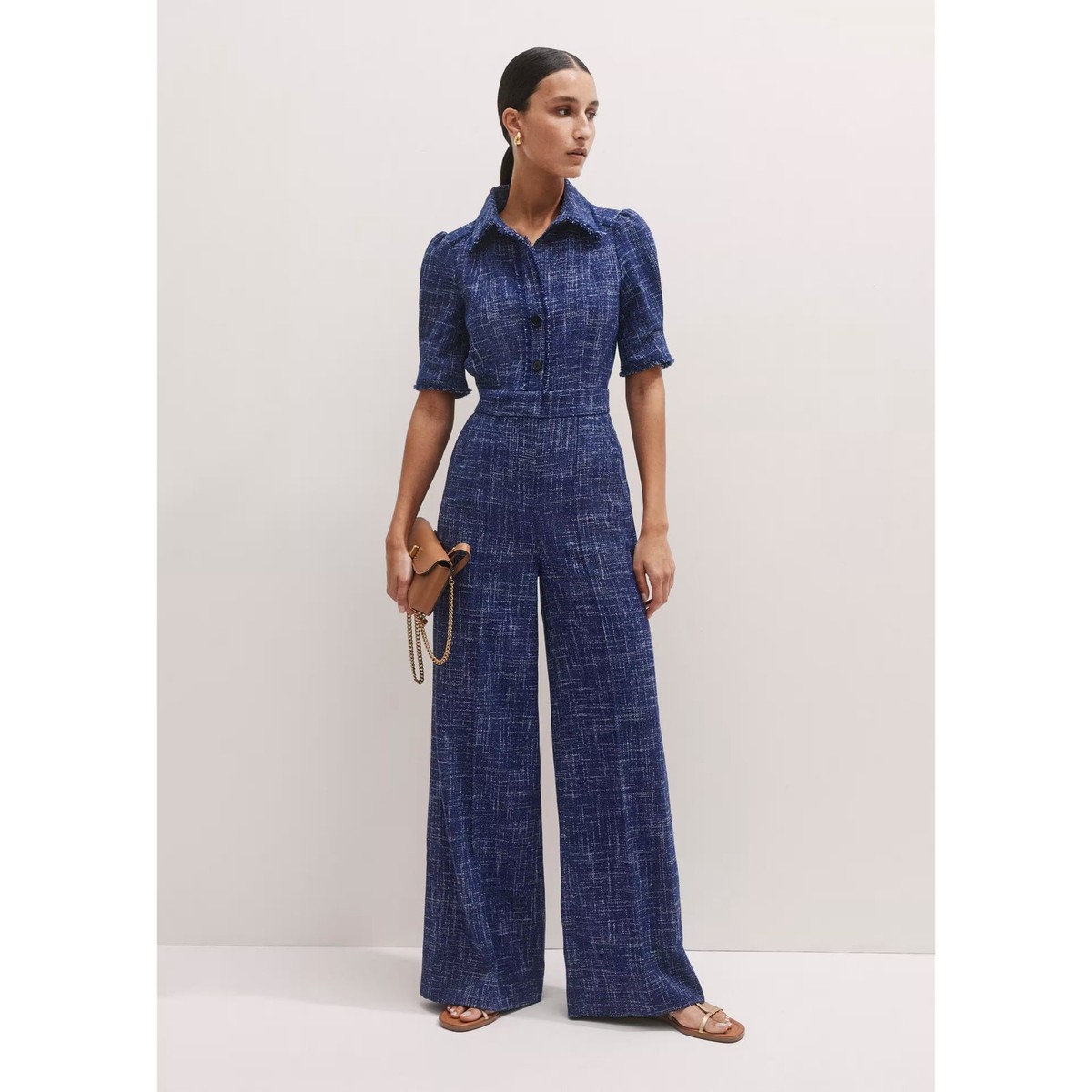 ME + EM Tweed Jumpsuit with Fray Trim Navy Size 0 Italian ME + EM Tweed Jumpsuit with Fray Trim Navy Size 0 Italian