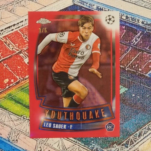 Open product gallery 2023-24 Topps Chrome UCC Leo Sauer Red Youthquake RC /5