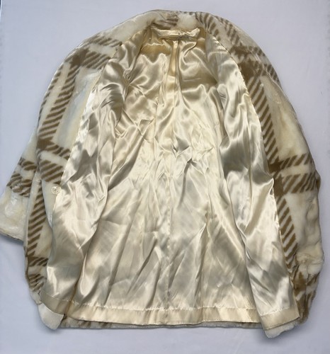 DONNYBROOK Coat Plaid Jacket M Faux Fur USA label Satin lined Cream/Tan - Picture 2 of 11