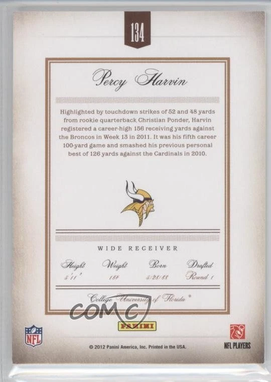 2011 Panini Prime Signatures /499 Percy Harvin #134 - Image 2 of 2