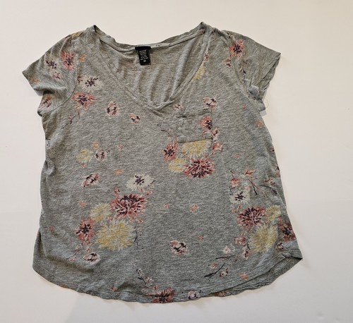 Torrid Damen Blumen Tasche T-Shirt Baumwolle Grau V-Ausschnitt Kurzarm - Gr. 00