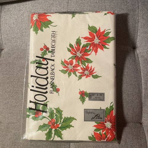 Vintage Holiday Vinyl Flannel Back Tablecloth Oblong 52" x 72" Set Of 2 - Picture 4 of 5