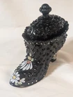 Fenton Vintage Glass Black Hobnail Boot with Lid White & Yellow Flowers Singled