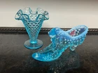 Fenton Hobnail Pattern Opalescent Blue Glass Shoe, Vase