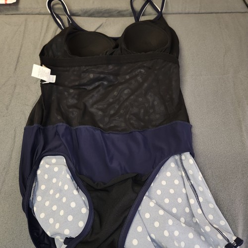 GREAT LENGTHS 1 Piece Swimsuit Womens 10 Navy White Polka Dot Double Strap Skirt - Picture 9 of 11
