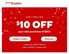 $10 Off a STAPLES Purchase of $60 or More Coupon (exp. 10/28/25)