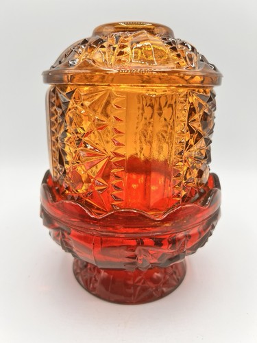 VTG Indiana Glass Amber/ Red Flash Stars& Bars Fairy Lamp Light 6.5” Courting