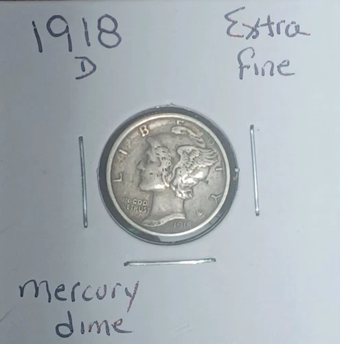 1918-D  90% SILVER  , Mercury Dime , Extra Fine   KM-140