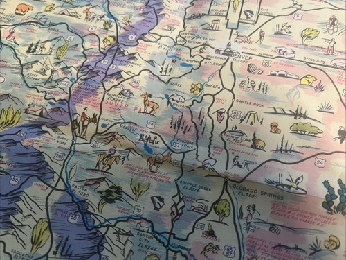 Mapa ilustrado colorido de Colorado 1949 de Joe Barros en mapa oficial de carreteras estatales - Imagen 2 de 7