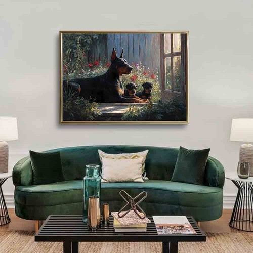 Doberman Dog with Puppies Poster Vintage Window Art Print Rustic Pet Artwork - Picture 4 of 5
