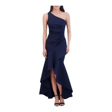 Eliza J One-Shoulder Side Pleat Ruffle scuba Gown dress navy size 10 