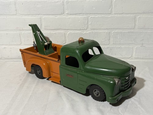 Vintage Structo Towing Service Wrecker Truck Pressed Steel Green Orange - Picture 4 of 20
