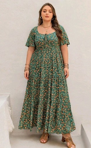 Rusttydustty Bohemian Green Floral Print Tie Flowing A Line Plus Size Dress 2XL - Picture 3 of 6