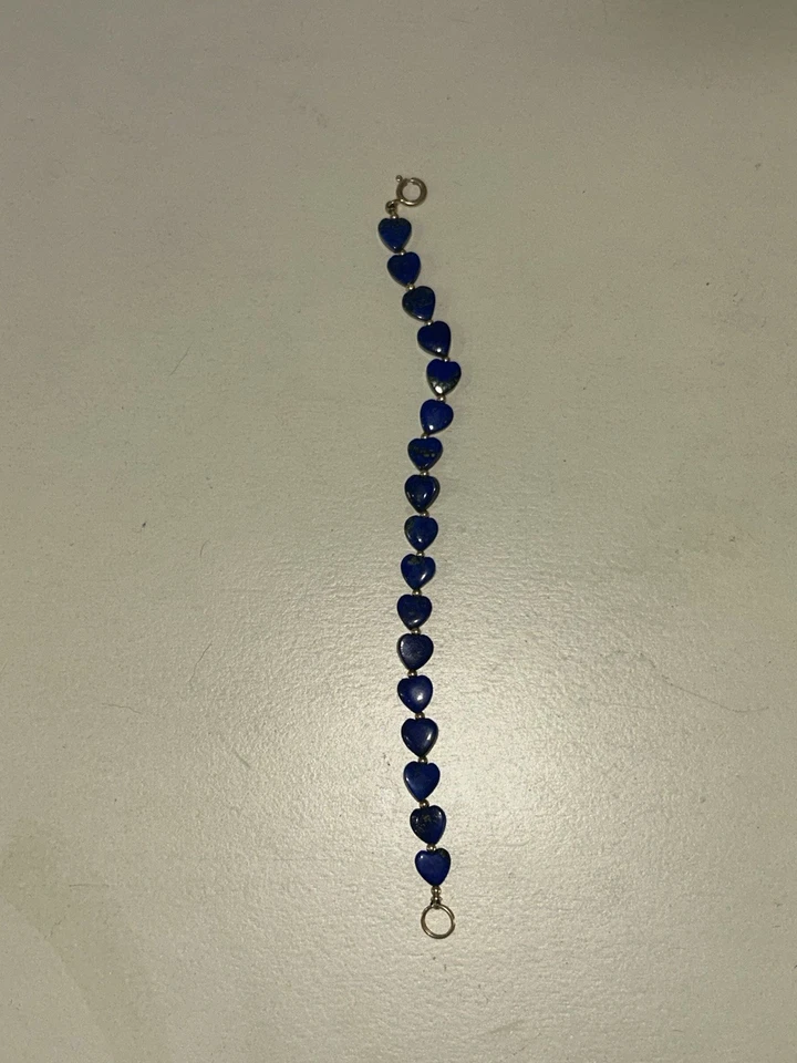 Винтажный браслет в форме сердца с лазуритом и золотым бисером 14 карат 7,5 дюйма ЧИТАЙТЕ - Изображение 3 из 4