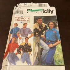 Simplicity 8190 Pattern Western Rodeo Cowboy Shirts L XL UNCUT 90s Unisex