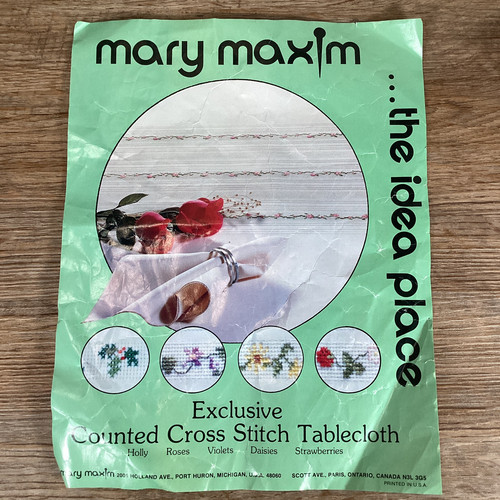 Vintage Mary Maxim Counted Cross Stitch 90” x 108” Ivory Tablecloth Kit - Picture 2 of 9