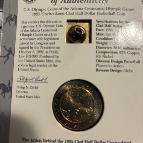 1995 US Olympic Half Dollar & pin Of Atlanta Centennial Olympic Games Basketball - Picture 5 of 6