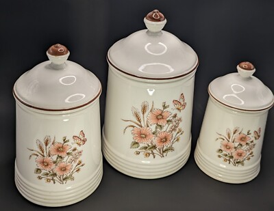 Ceramic Kitchen Canisters 3 PC Set Lids Floral Ivory Pink