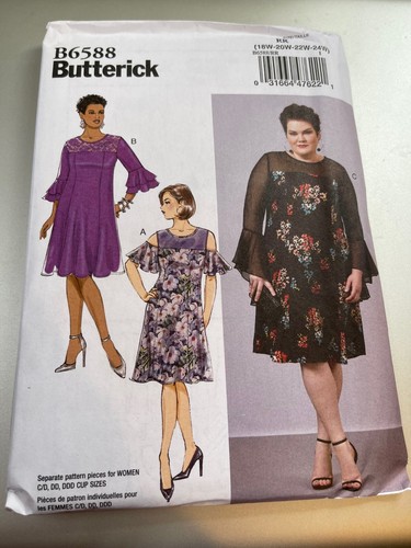 Butterick Pattern B6588 Womens Dresses w/Contrast Yoke & Sleeve Options 18W-24W - Picture 1 of 2