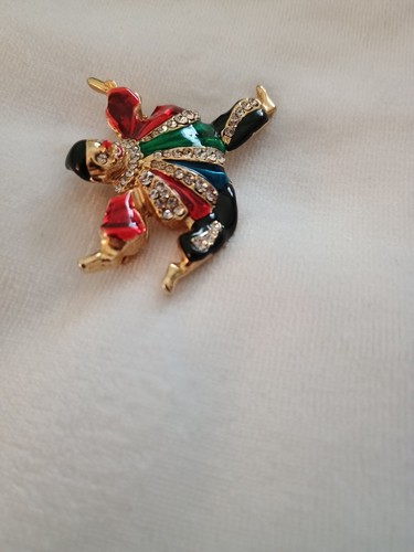 Harlequin DancingClown Enamel Carucci Clear Crystals Vintage Goldtone Brooch - Picture 4 of 14