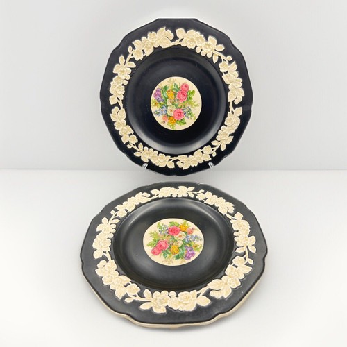 Black Crown Ducal Gainsborough Floral Centre 27cm Dinner Plate x2 England