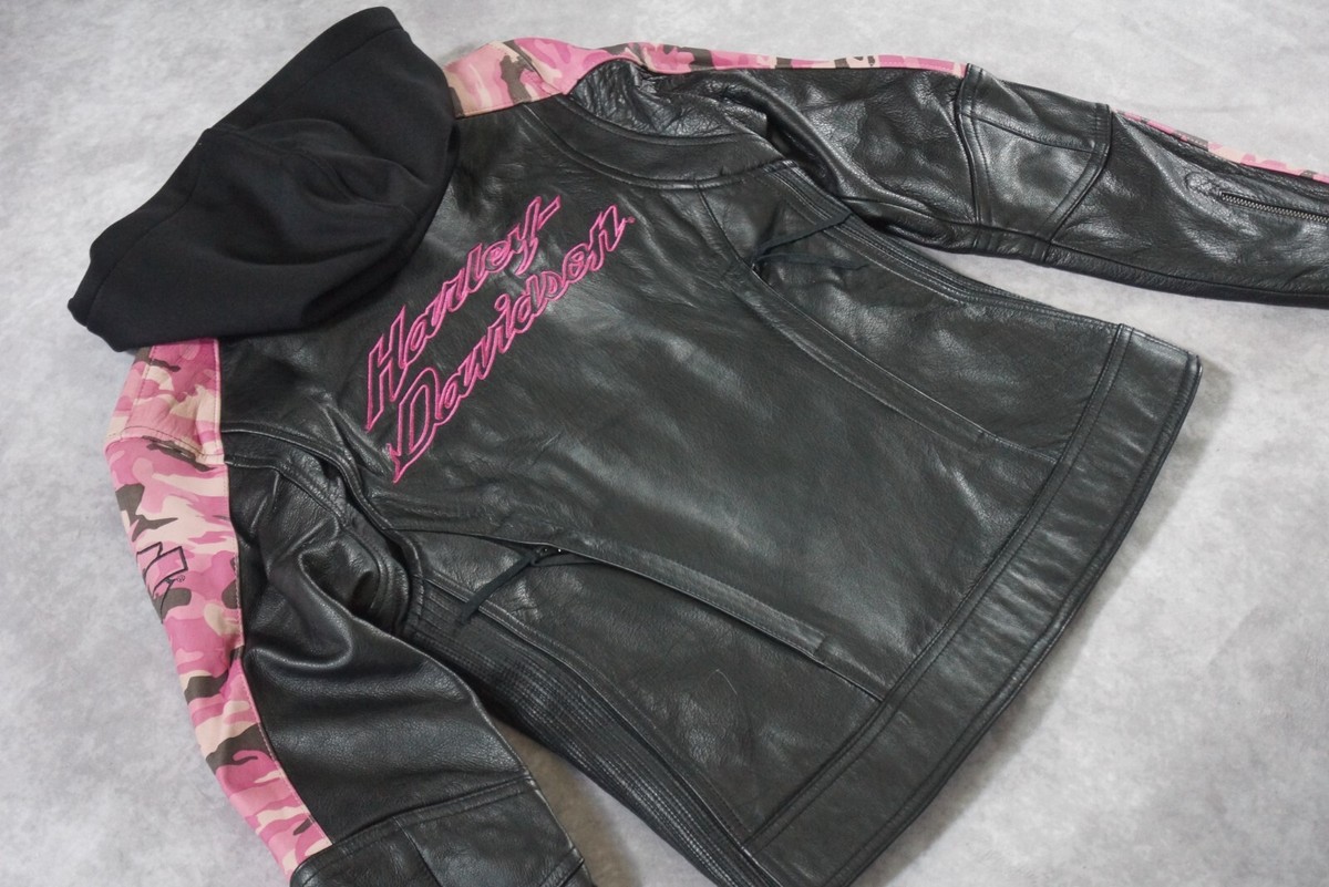Harley Davidson Women s Pink Camo Black Leather 3in1 Jacket Hoodie S 97058 11VW