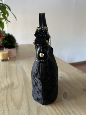 バッグ COACH RARE 6095 BLACK signature bag Vintage Coach signature black bag With Leather (See Description