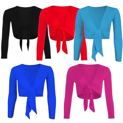 Ladies Plain Plus Size Front Tie Knot Cropped Long Sleeve Bolero Shrugs Tops