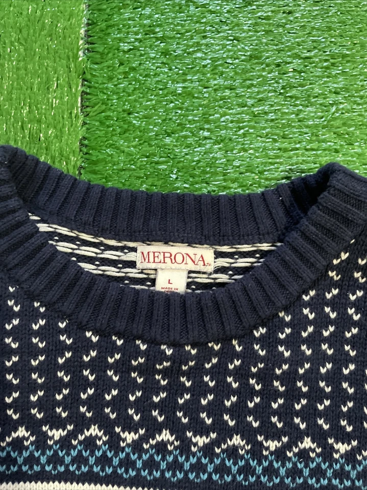 MERONA Men's Navy Blue Crewneck Cotton Knit Pullover Ski Jumper Sweater - L - Image 2 of 4