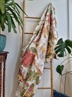 Indian White Floral Queen Size Kantha Quilted Cotton Blanket Vintage Bedspread
