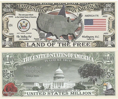 USA Land of the Free United States Million Dollar Bill Novelty Note +FREE SLEEVE