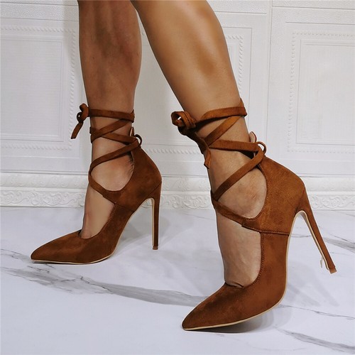 Women Pumps Pointed Toe Stiletto Heels Faux Suede Ankle Strap Shoes Size 4-15 - Picture 7 of 21