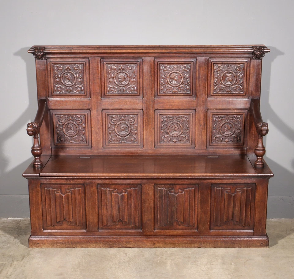 古董法国文艺复兴时期橡木长凳/沙发/储物凳带狮子 — 第 2/4 张图片