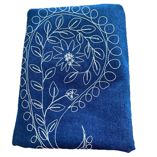 Denim Fabric Embroidered Paisley Flowers Indigo Blue 66L X56W Selvedge 1.75 Yard - Picture 7 of 7